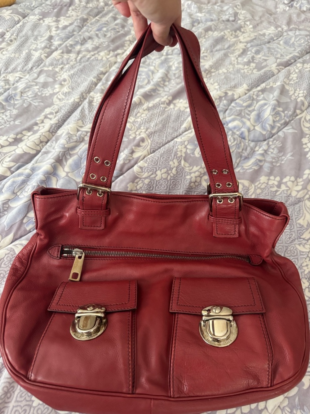 Women's Red Leather Shoulder Bag with Front Pockets